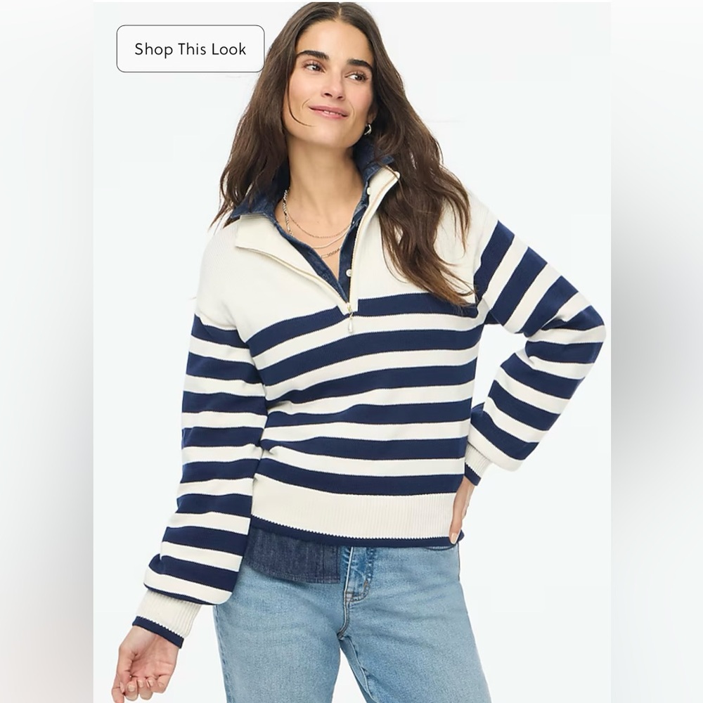 J.Crew Striped half-zip sweater with pearl zipper in ivory navy weekend stripe